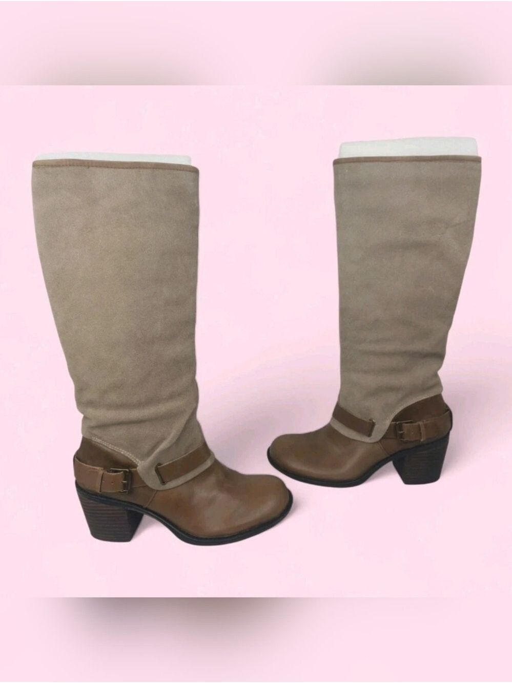 Bandolino Brown Leather & Taupe Suede Slouchy Tall Western Boots Stacked Heel 9